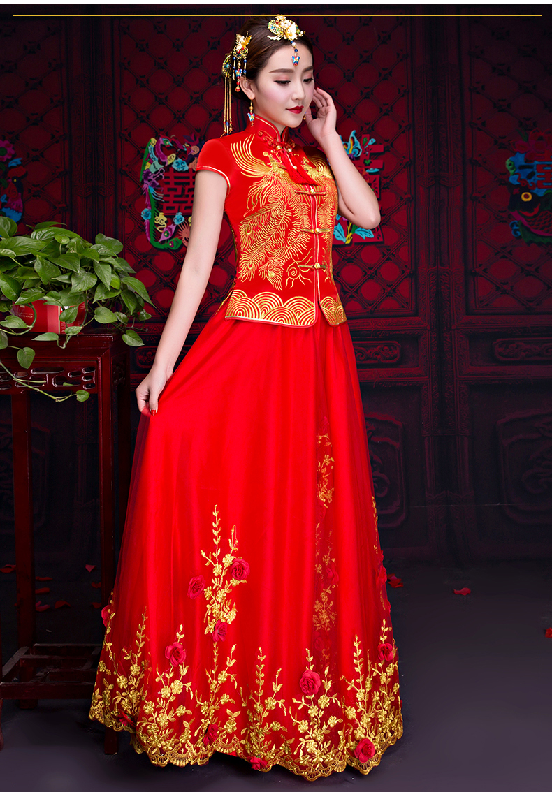 短袖對襟中式禮服，蕾絲裙新娘禮服