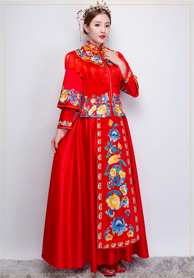 牡丹繡花流蘇新娘禮服，時尚氣質(zhì)中式禮服