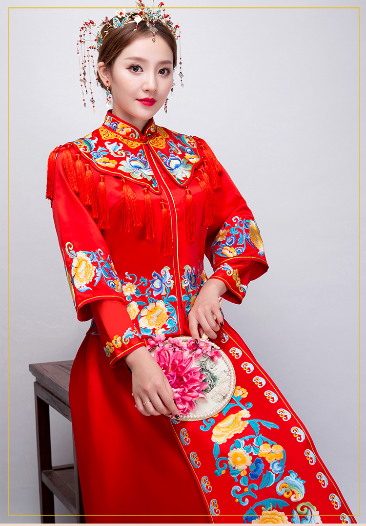 牡丹繡花流蘇新娘禮服，時尚氣質(zhì)中式禮服