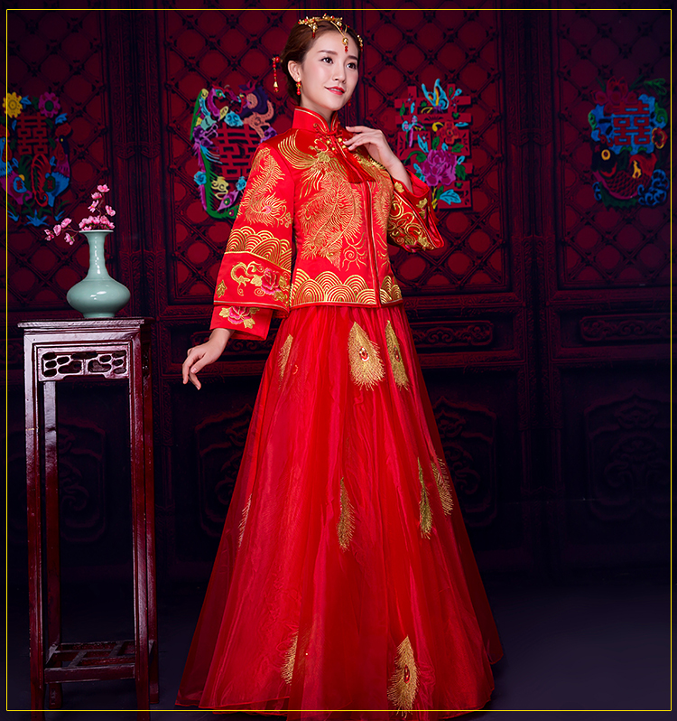 羽毛繡花蕾絲裙新娘禮服，時(shí)尚中式禮服