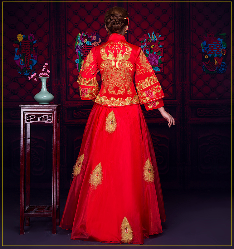 羽毛繡花蕾絲裙新娘禮服，時(shí)尚中式禮服