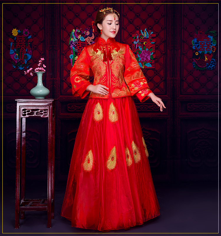 羽毛繡花蕾絲裙新娘禮服，時(shí)尚中式禮服