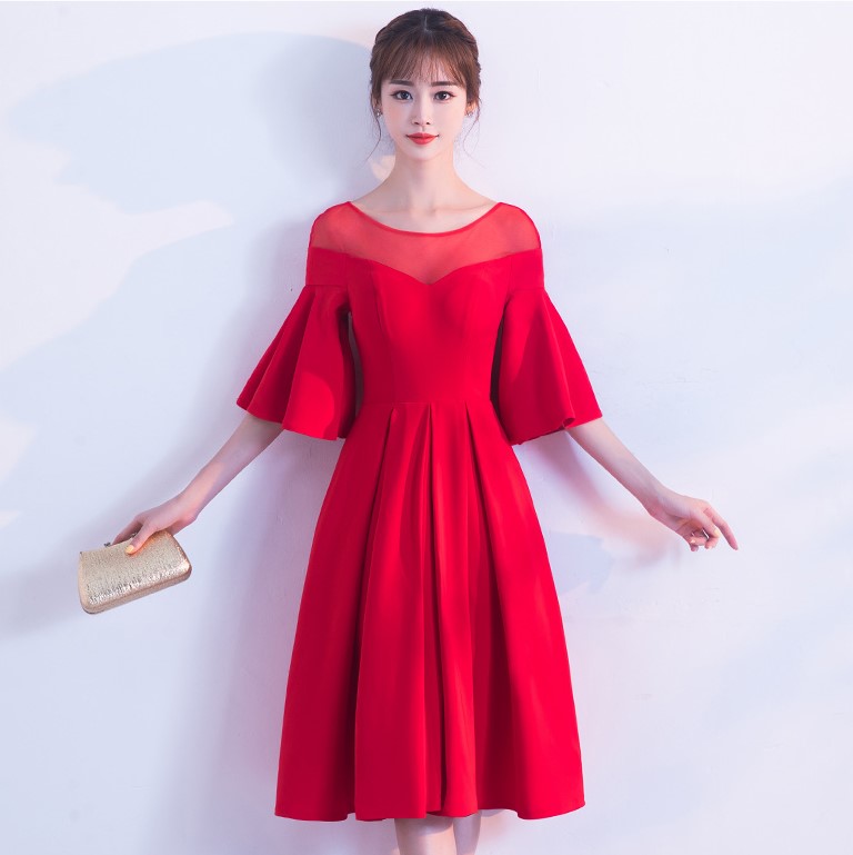 時(shí)尚荷葉袖中長(zhǎng)款禮服裙，優(yōu)雅網(wǎng)紗中式禮服