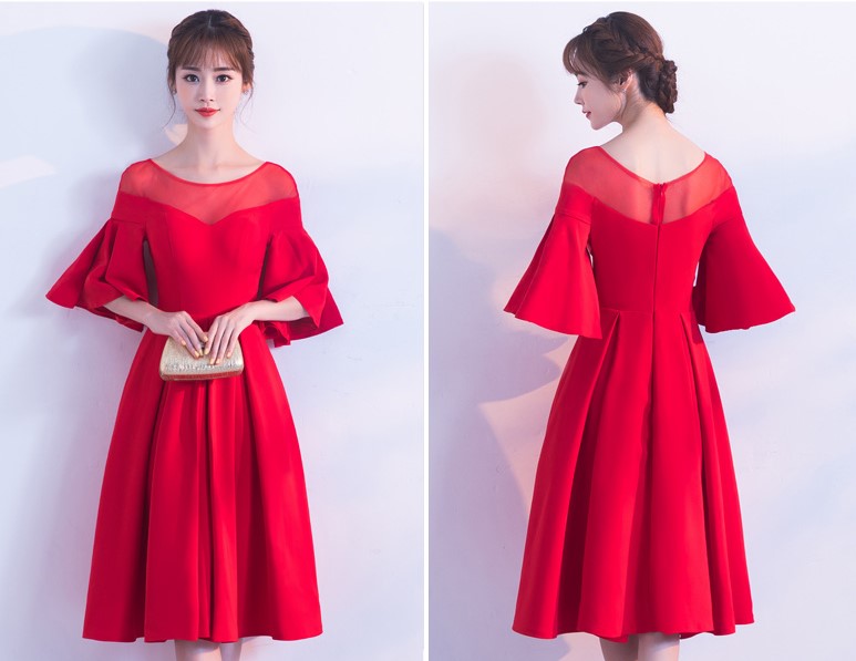 時(shí)尚荷葉袖中長(zhǎng)款禮服裙，優(yōu)雅網(wǎng)紗中式禮服