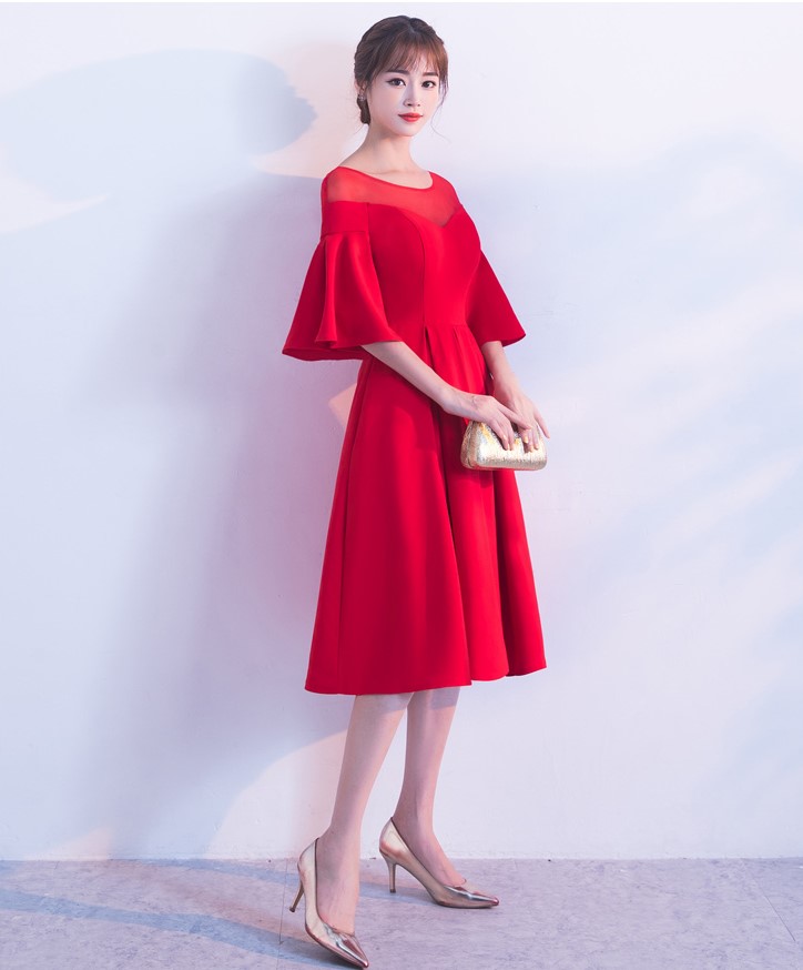 時(shí)尚荷葉袖中長(zhǎng)款禮服裙，優(yōu)雅網(wǎng)紗中式禮服