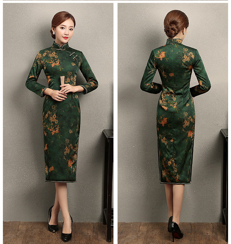 立領(lǐng)斜襟一字扣旗袍，印花修身旗袍裙