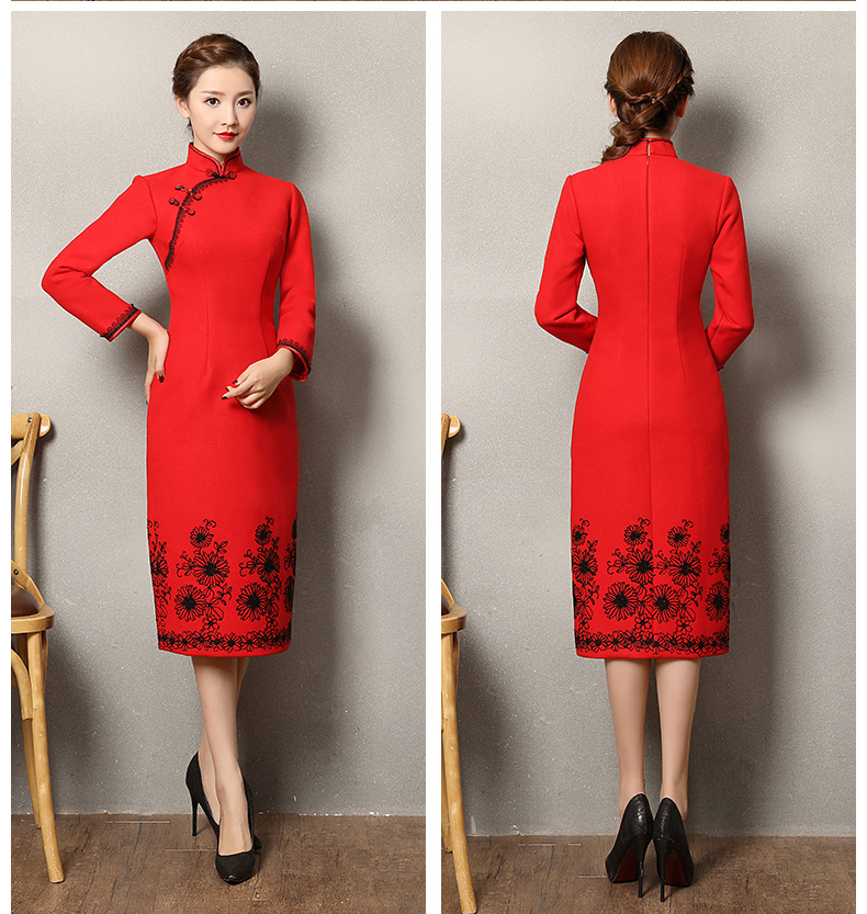復(fù)古之美紅色旗袍，蕾絲花紋修身旗袍裙