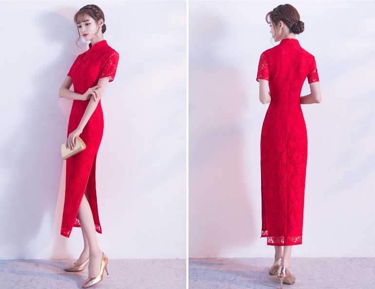 性感開(kāi)叉紅色旗袍，蕾絲花紋旗袍禮服裙