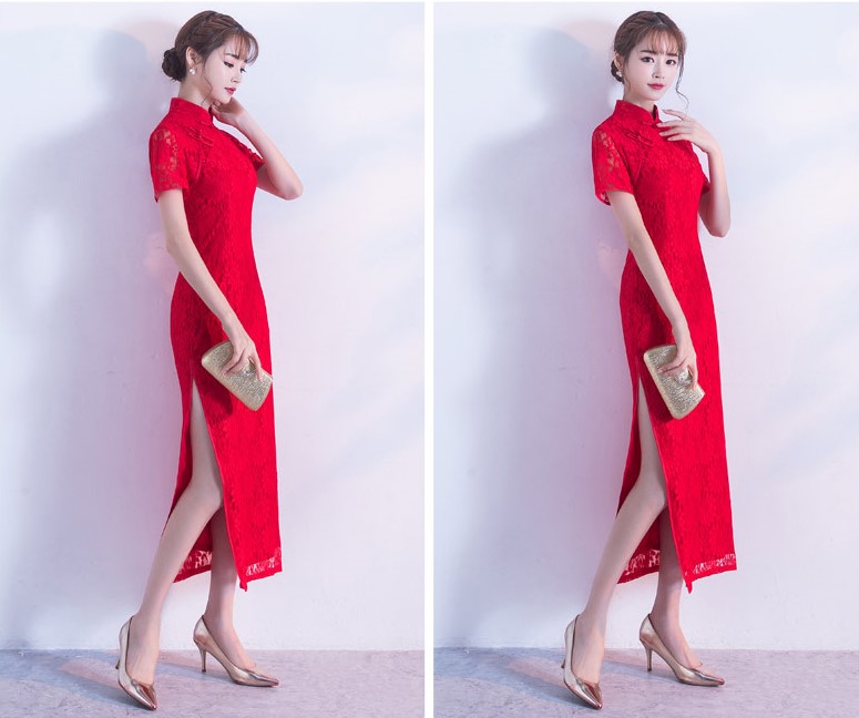 性感開(kāi)叉紅色旗袍，蕾絲花紋旗袍禮服裙