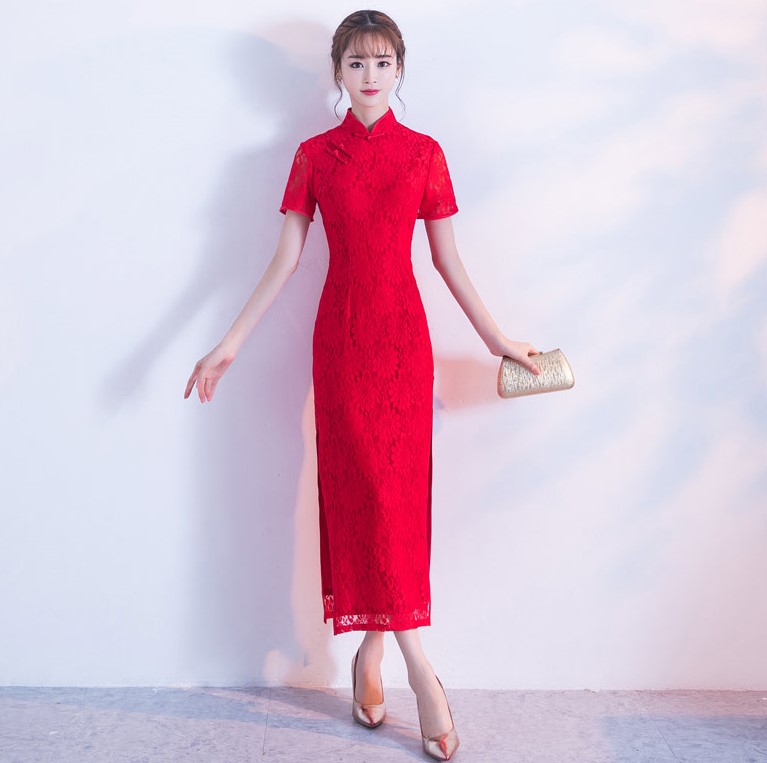 性感開(kāi)叉紅色旗袍，蕾絲花紋旗袍禮服裙