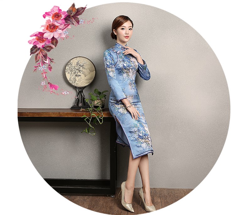 藍(lán)色印花開(kāi)叉旗袍，時(shí)尚優(yōu)雅旗袍裙