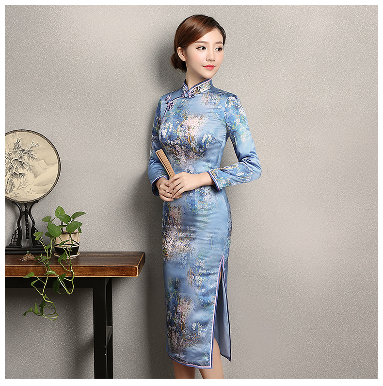 藍(lán)色印花開(kāi)叉旗袍，時(shí)尚優(yōu)雅旗袍裙