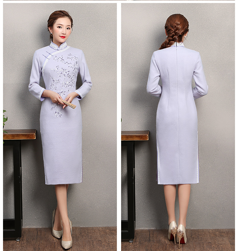 紫色繁花旗袍，復(fù)古刺繡旗袍裙