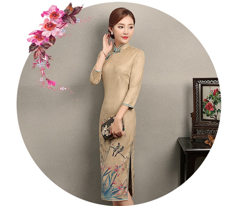 黃色印花相依旗袍，復(fù)古民族風(fēng)旗袍裙