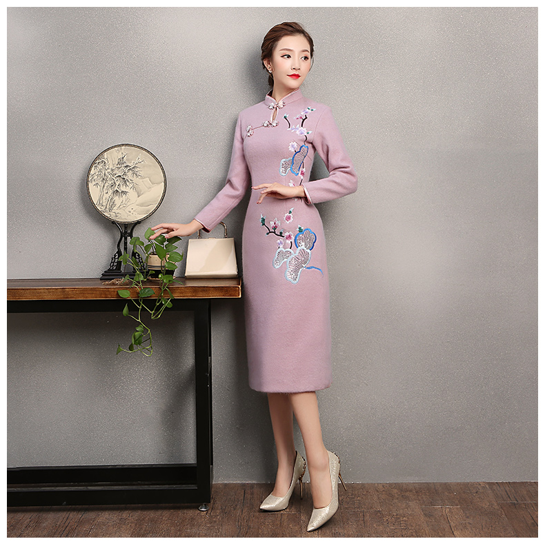粉紫色繡花旗袍，復古民族風旗袍裙