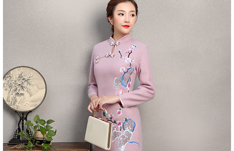 粉紫色繡花旗袍，復古民族風旗袍裙