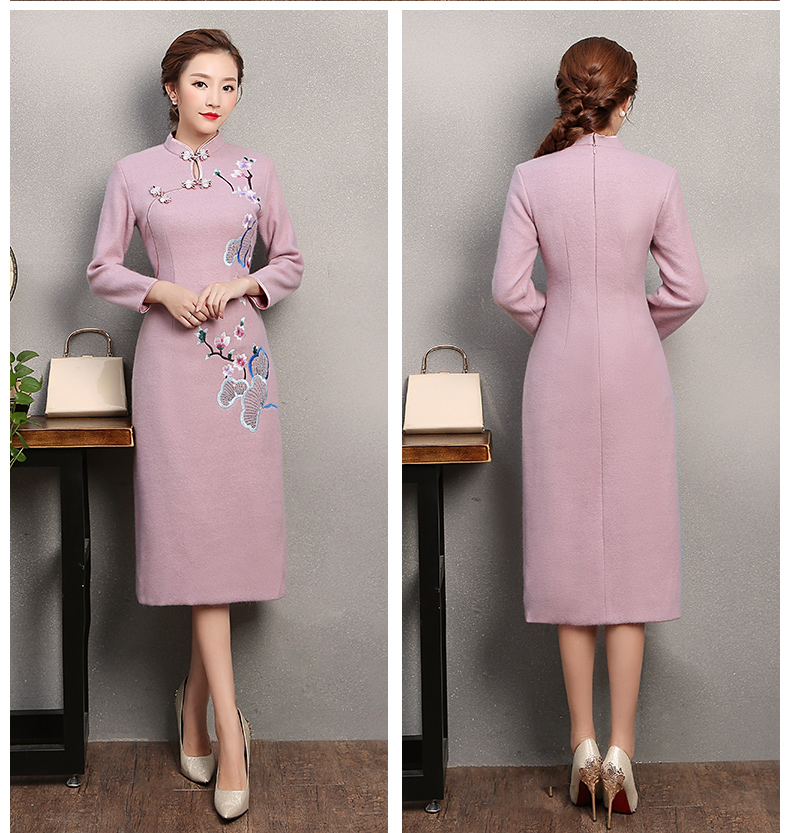 粉紫色繡花旗袍，復古民族風旗袍裙