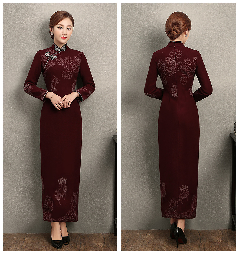 福連文苑荷花刺繡旗袍，復(fù)古中式旗袍裙