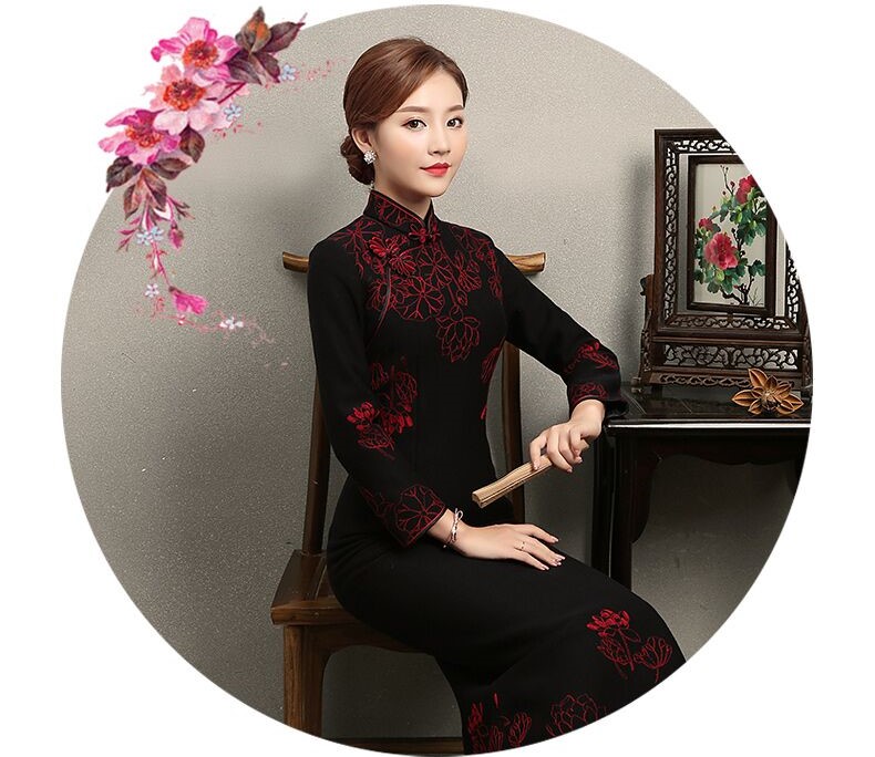 福連文苑荷花刺繡旗袍，復(fù)古中式旗袍裙