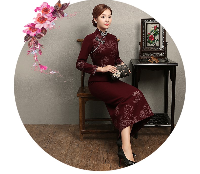福連文苑荷花刺繡旗袍，復(fù)古中式旗袍裙