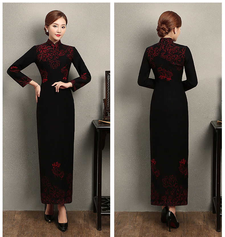 福連文苑荷花刺繡旗袍，復(fù)古中式旗袍裙