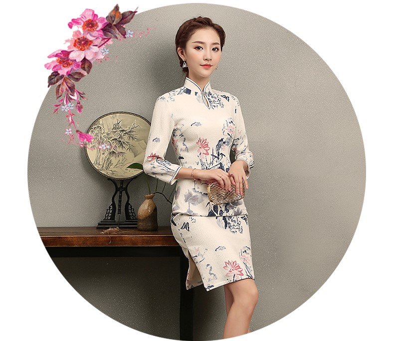 福連文苑水墨荷花印花旗袍，復(fù)古中式白色旗袍裙