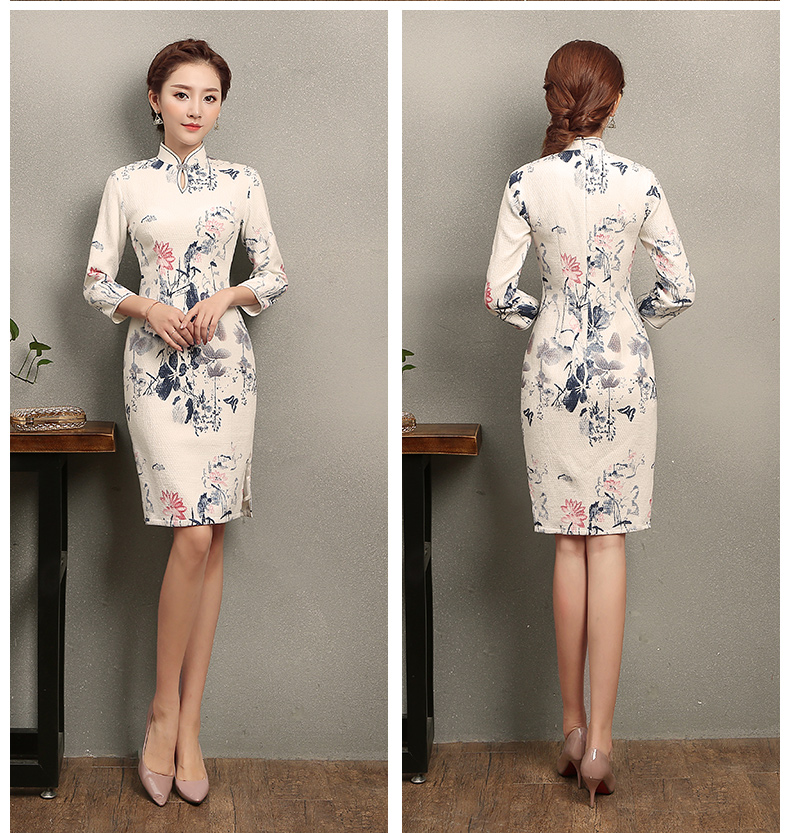福連文苑水墨荷花印花旗袍，復(fù)古中式白色旗袍裙