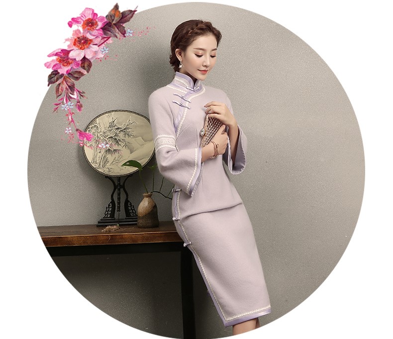 淺紫色花邊旗袍，簡(jiǎn)潔大氣的旗袍裙