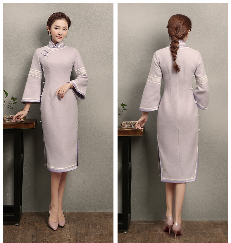 淺紫色花邊旗袍，簡(jiǎn)潔大氣的旗袍裙