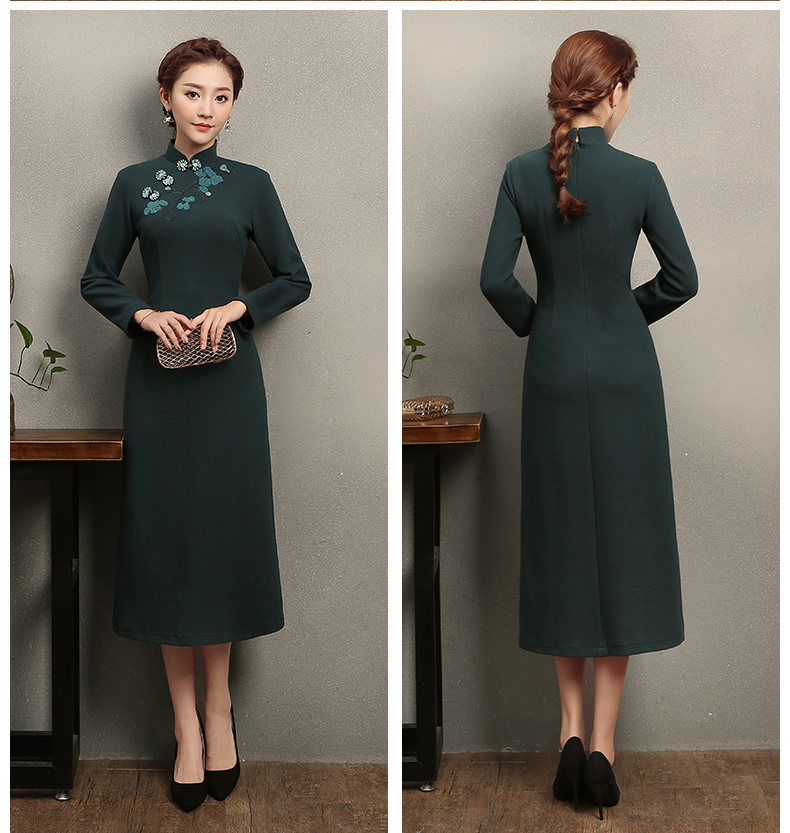 淺墨綠色繡花旗袍，碧嫻復(fù)古旗袍裙