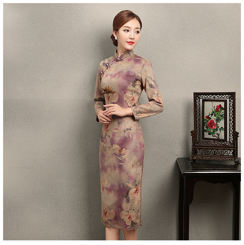 杏灰紫玉蘭印花旗袍，復(fù)古旗袍裙