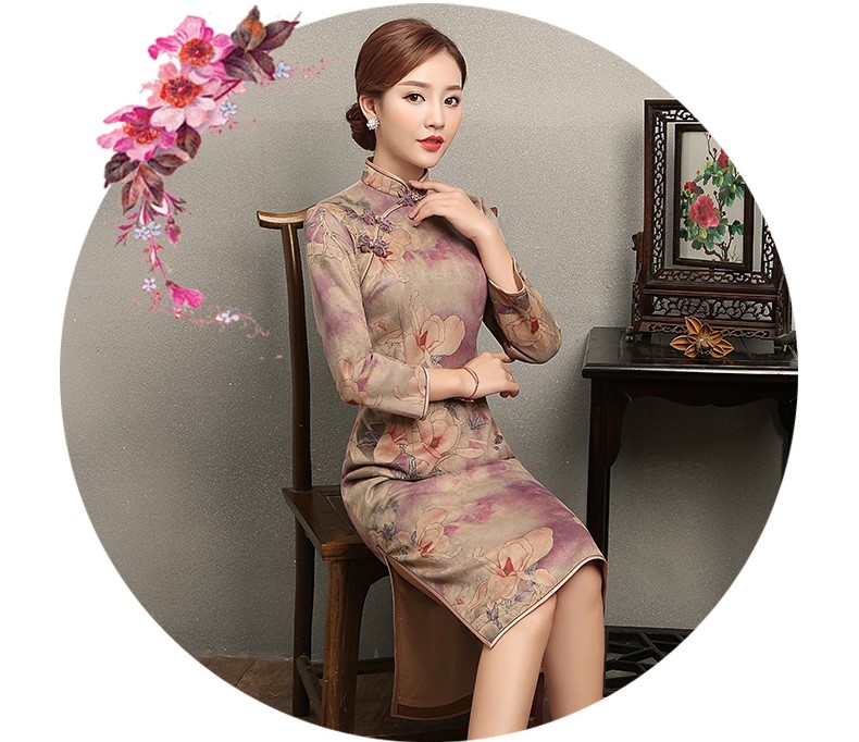 杏灰紫玉蘭印花旗袍，復(fù)古旗袍裙