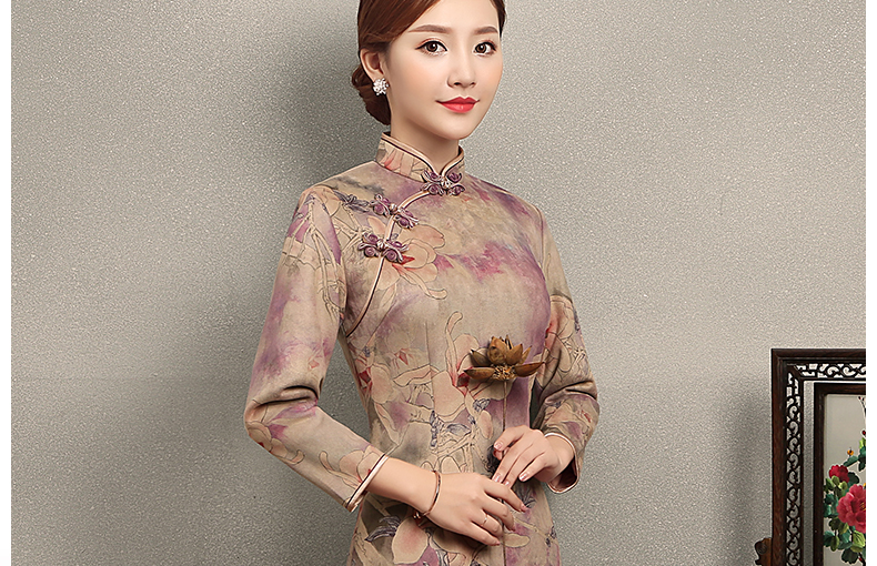 杏灰紫玉蘭印花旗袍，復(fù)古旗袍裙