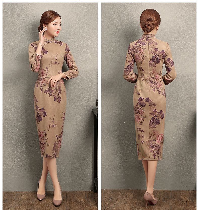 紫云牡丹印花旗袍，復古風旗袍裙