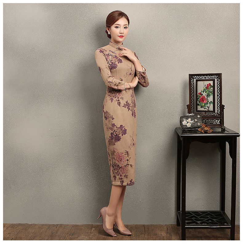 紫云牡丹印花旗袍，復古風旗袍裙