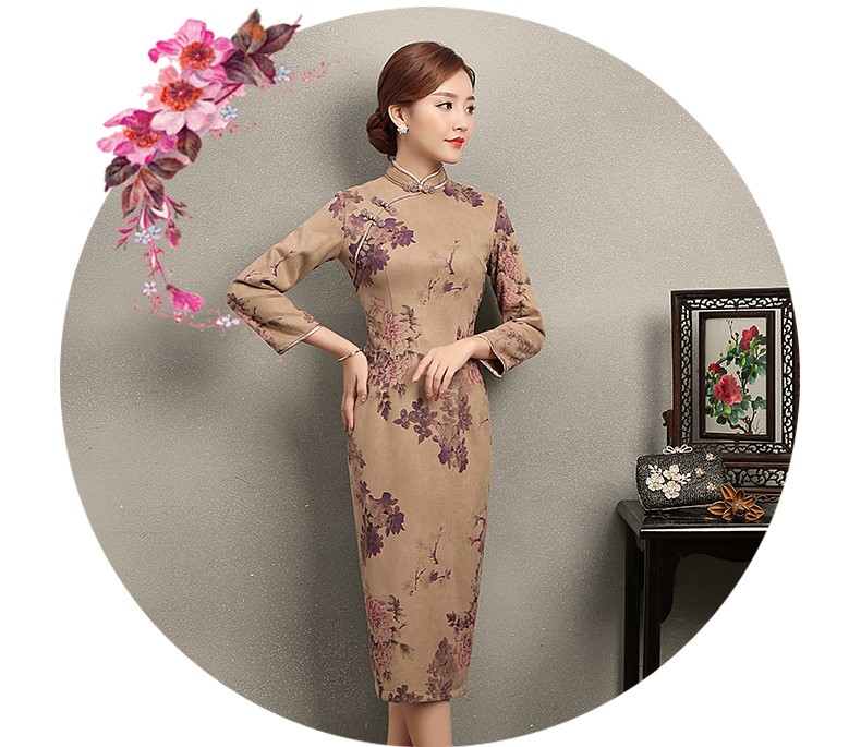 紫云牡丹印花旗袍，復古風旗袍裙