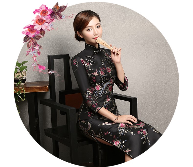 黑色鳳鳥提花旗袍，復(fù)古風(fēng)旗袍裙