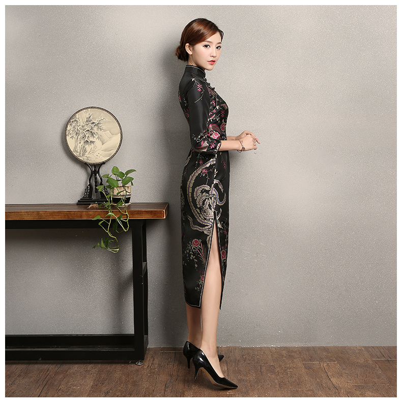 黑色鳳鳥提花旗袍，復(fù)古風(fēng)旗袍裙