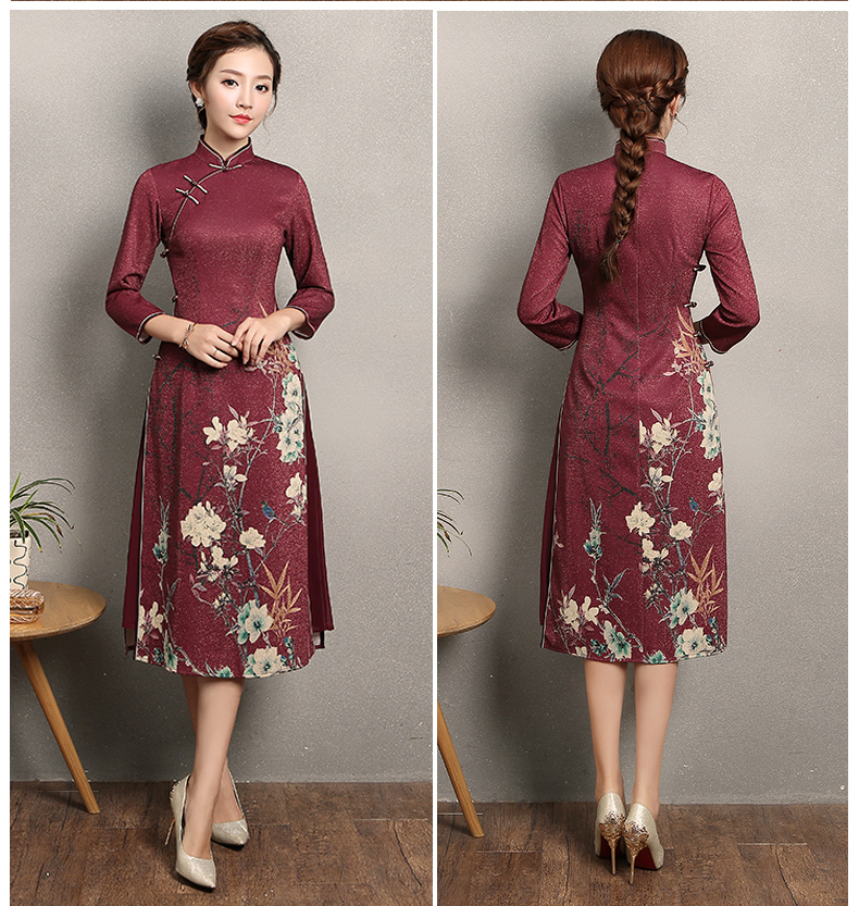 棗紅色奧黛風(fēng)旗袍，復(fù)古中式旗袍裙