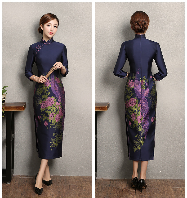 寶藍(lán)色孔雀提花旗袍，復(fù)古中式旗袍裙