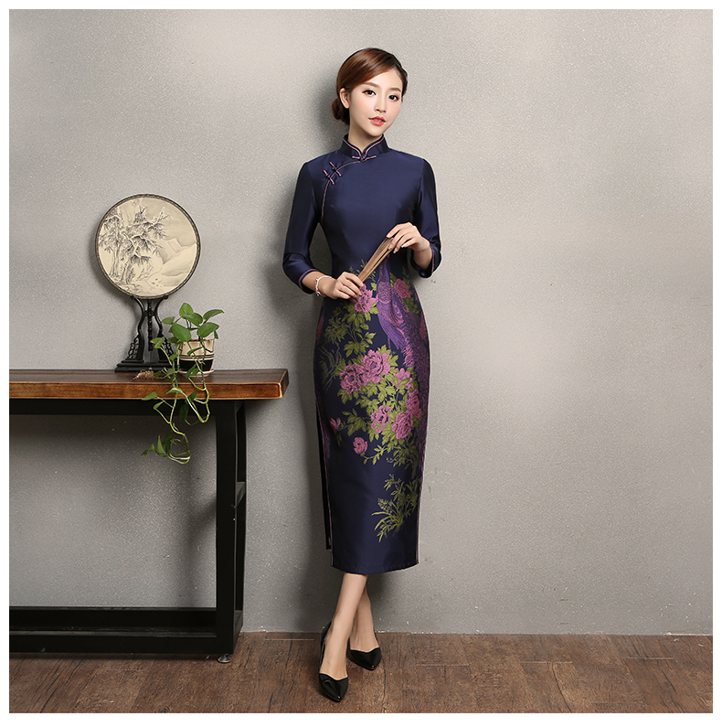 寶藍(lán)色孔雀提花旗袍，復(fù)古中式旗袍裙