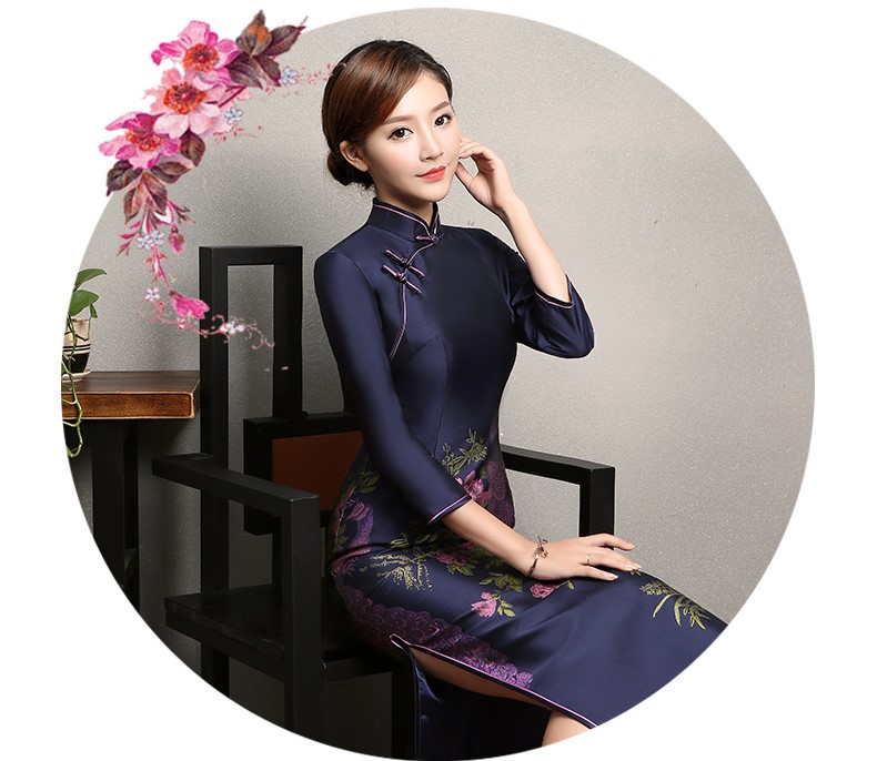 寶藍(lán)色孔雀提花旗袍，復(fù)古中式旗袍裙