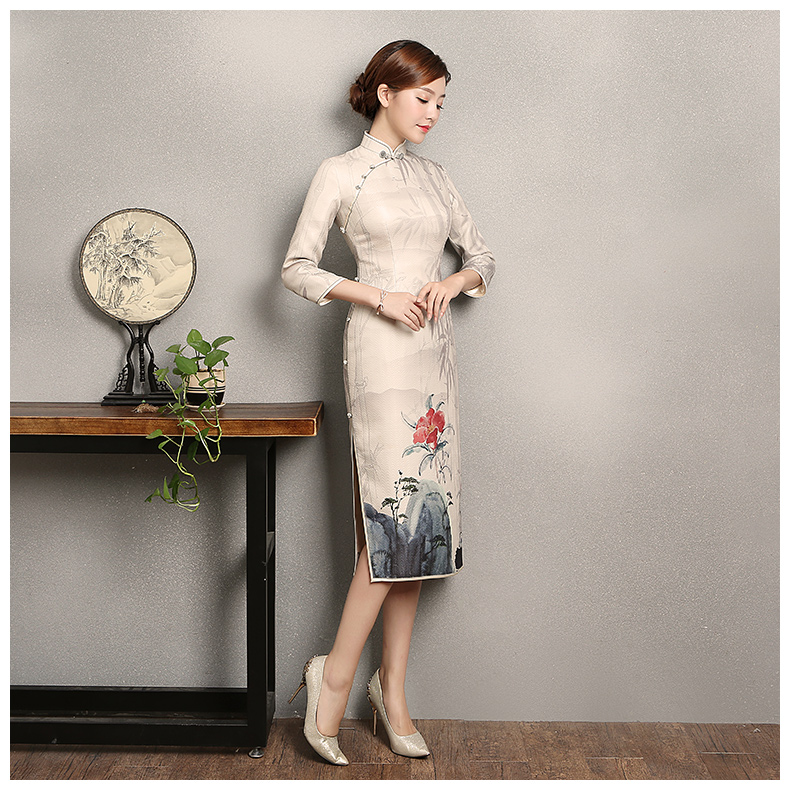 水墨山水印花染旗袍，復(fù)古福連文苑旗袍裙