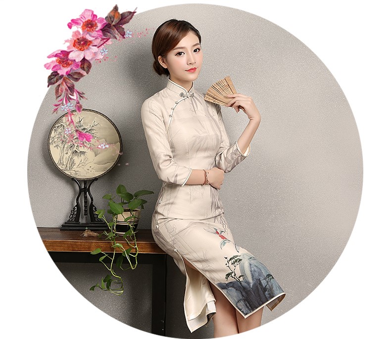 水墨山水印花染旗袍，復(fù)古福連文苑旗袍裙