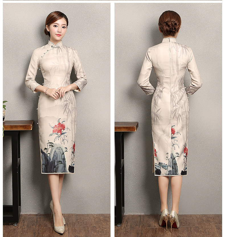 水墨山水印花染旗袍，復(fù)古福連文苑旗袍裙