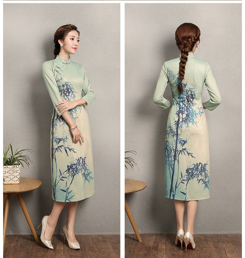 淡綠羞竹印花旗袍，時(shí)尚福連文苑旗袍裙
