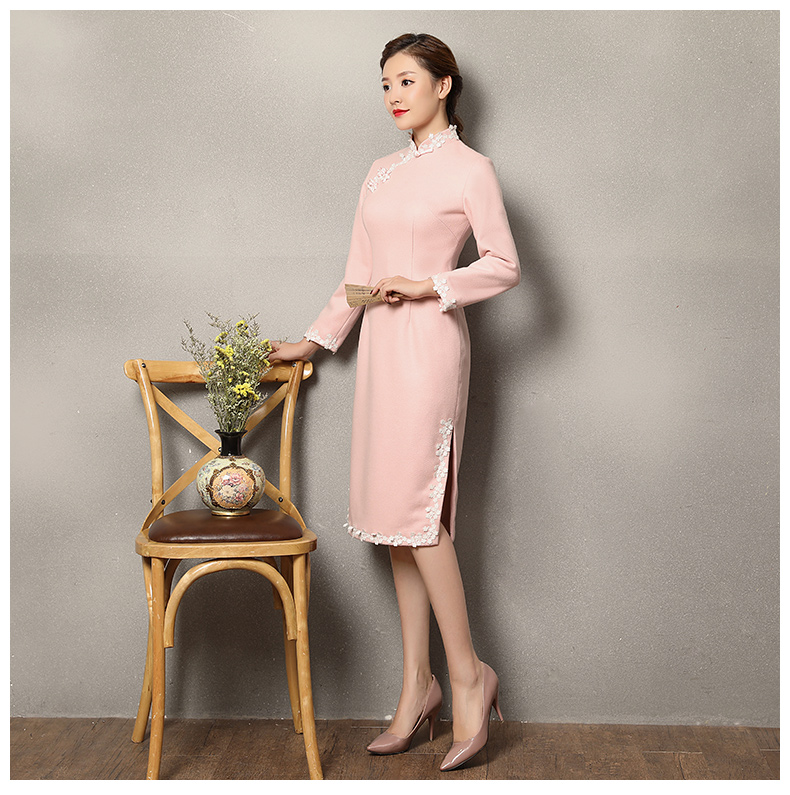 粉色蕾絲花邊旗袍，清純淑女旗袍裙
