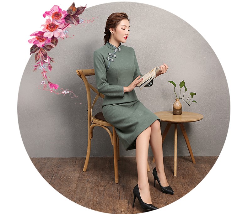 素凈灰綠色旗袍，復古福連文苑旗袍裙