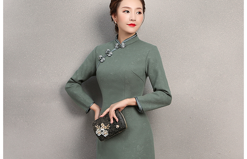 素凈灰綠色旗袍，復古福連文苑旗袍裙
