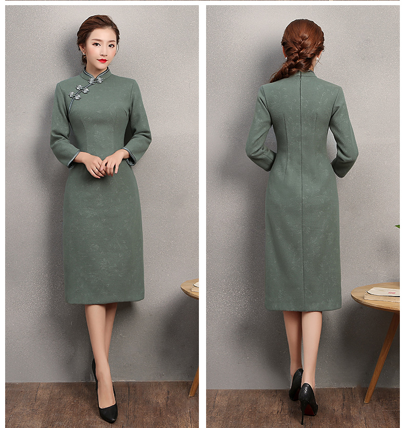 素凈灰綠色旗袍，復古福連文苑旗袍裙